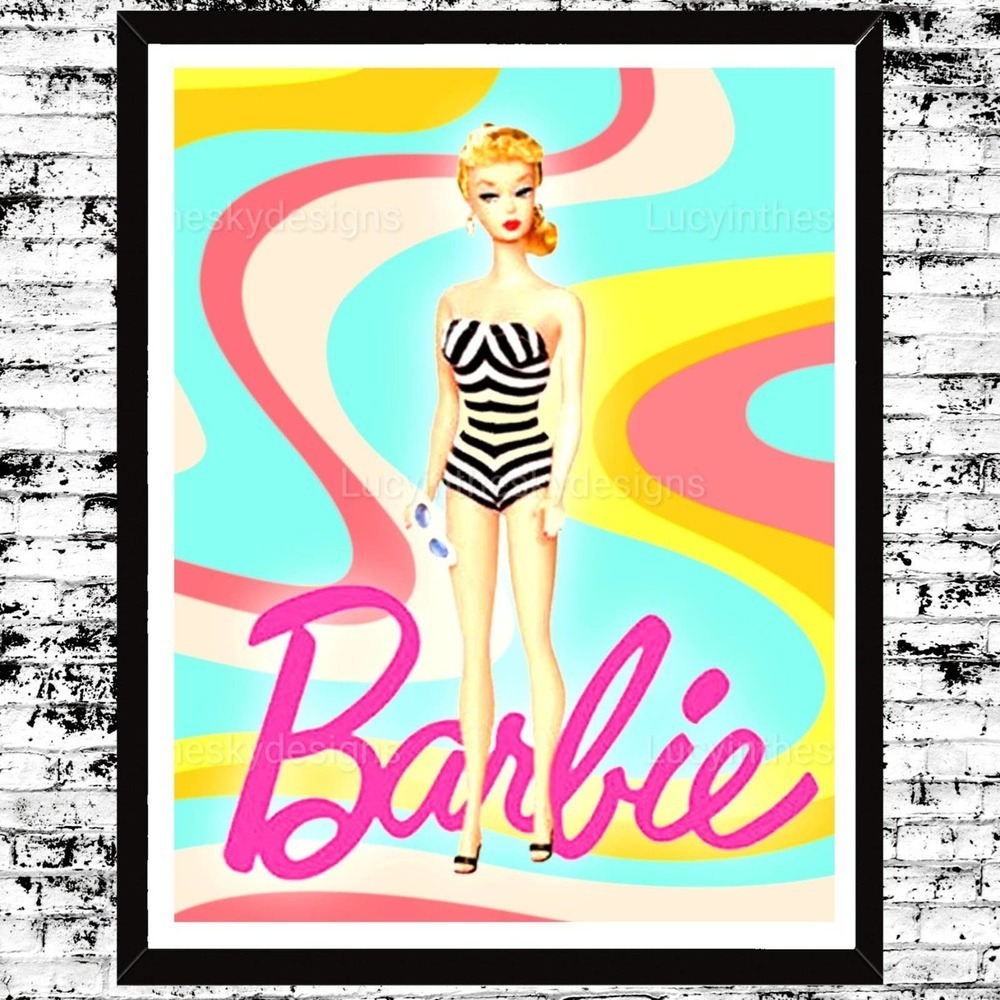 Retro Barbie Swimsuit Rainbow Swirl 8.5x11 Bright Art Print - Picture 1 of 5